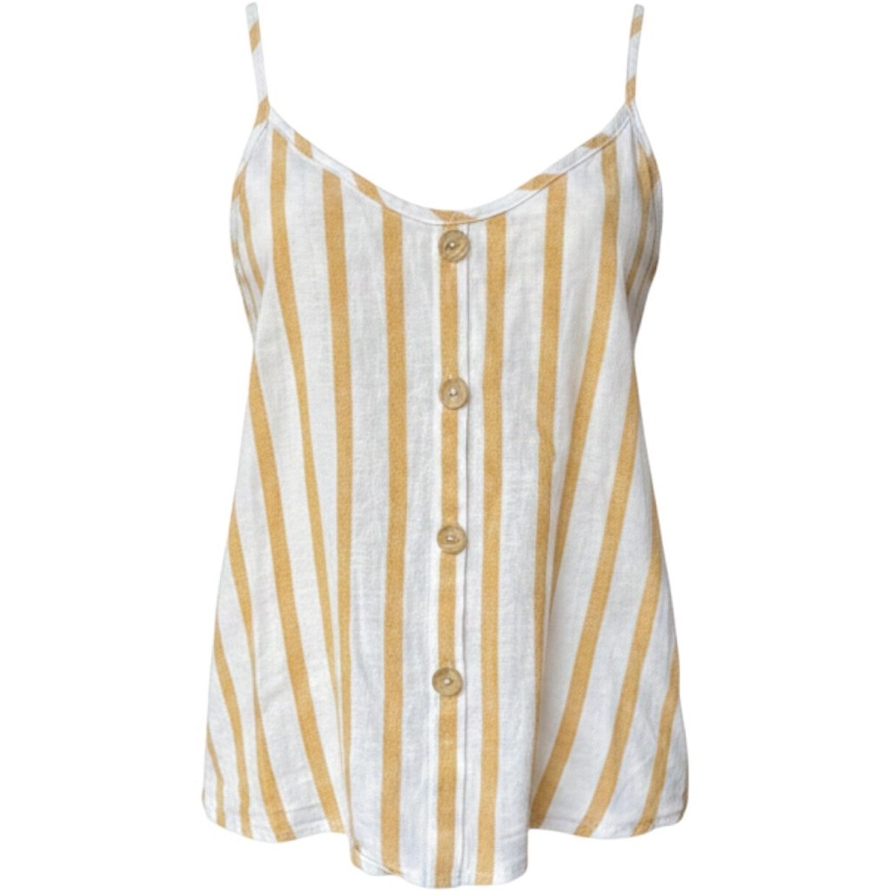 Womens Yellow White Striped Linen Cotton Cami Tank Top Medium Button Front Beach
